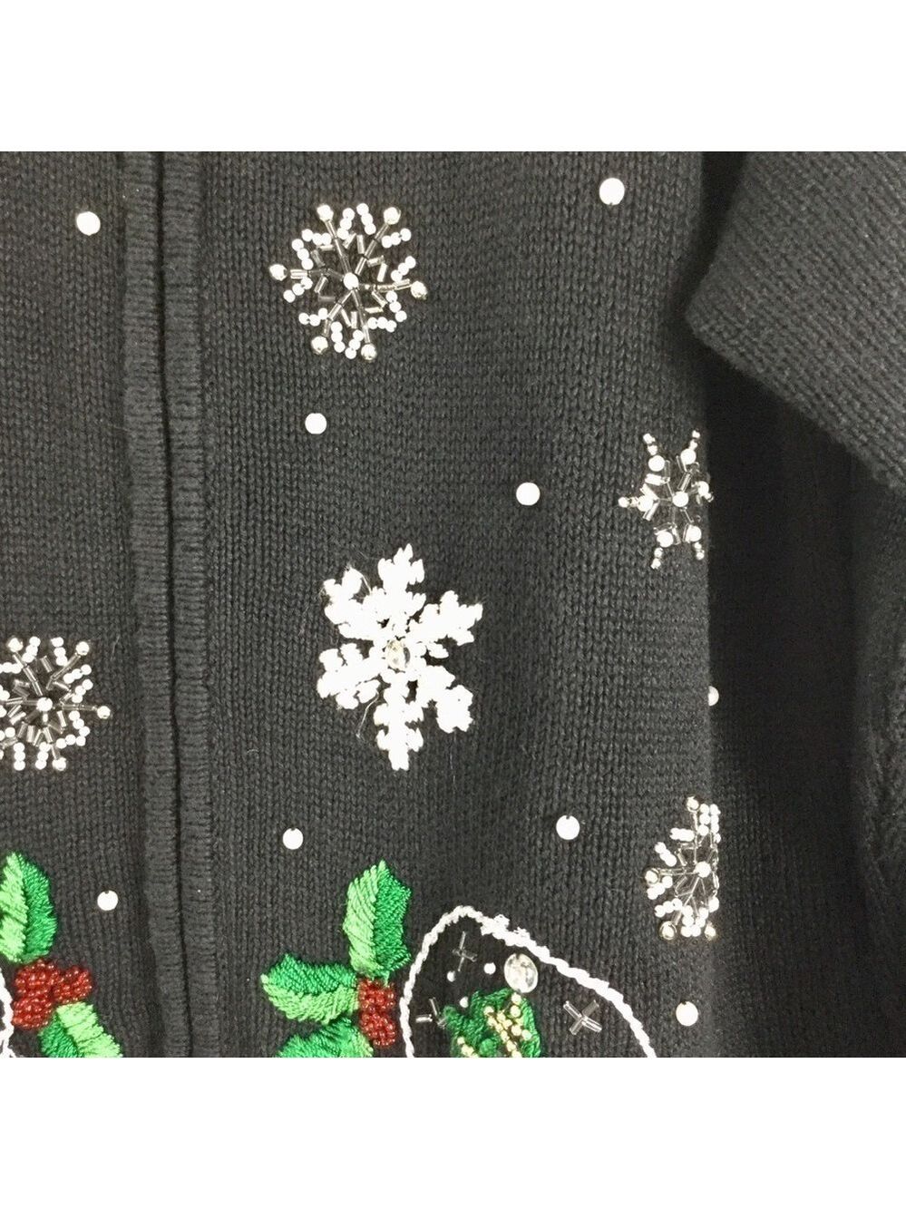 Vintage B.P. Design Beaded Snowy Christmas Snow Globe Zip Front Cardigan Size L - Picture 4 of 11